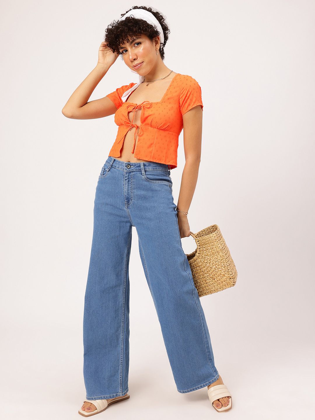 Dressberry Tangerine Flair Dobby Front Tie-Up Top