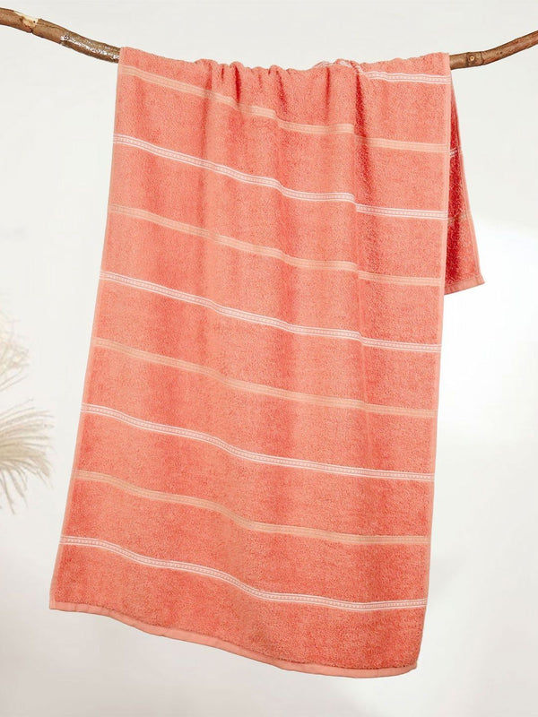 MYTRIDENT Peach-Coloured & White Striped Cotton 450 GSM Bath Towel