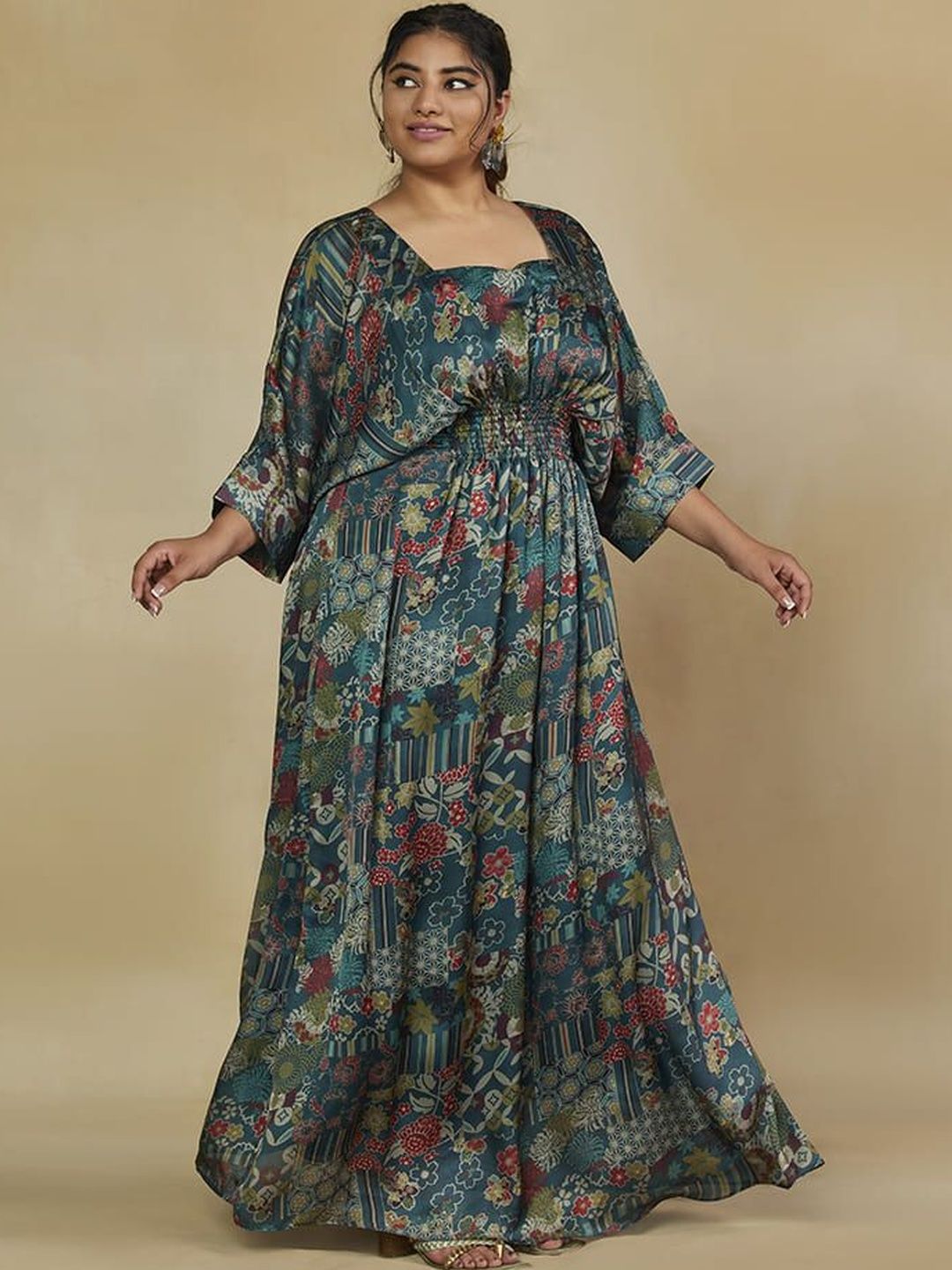 Mamicha Floral Print Kimono Sleeve Crepe Kaftan Maxi Dress