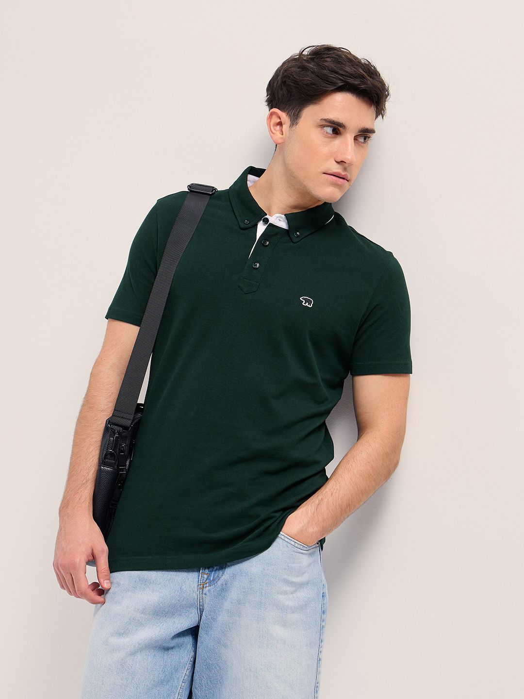 THE BEAR HOUSE Solid Polo Collar Pure Cotton T-shirt