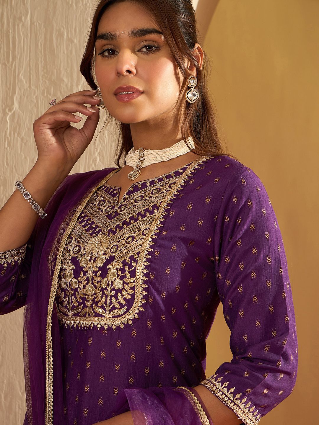 Indo Era Ethnic Motifs Printed Straight Sequinned Kurta with Trousers & Dupatta