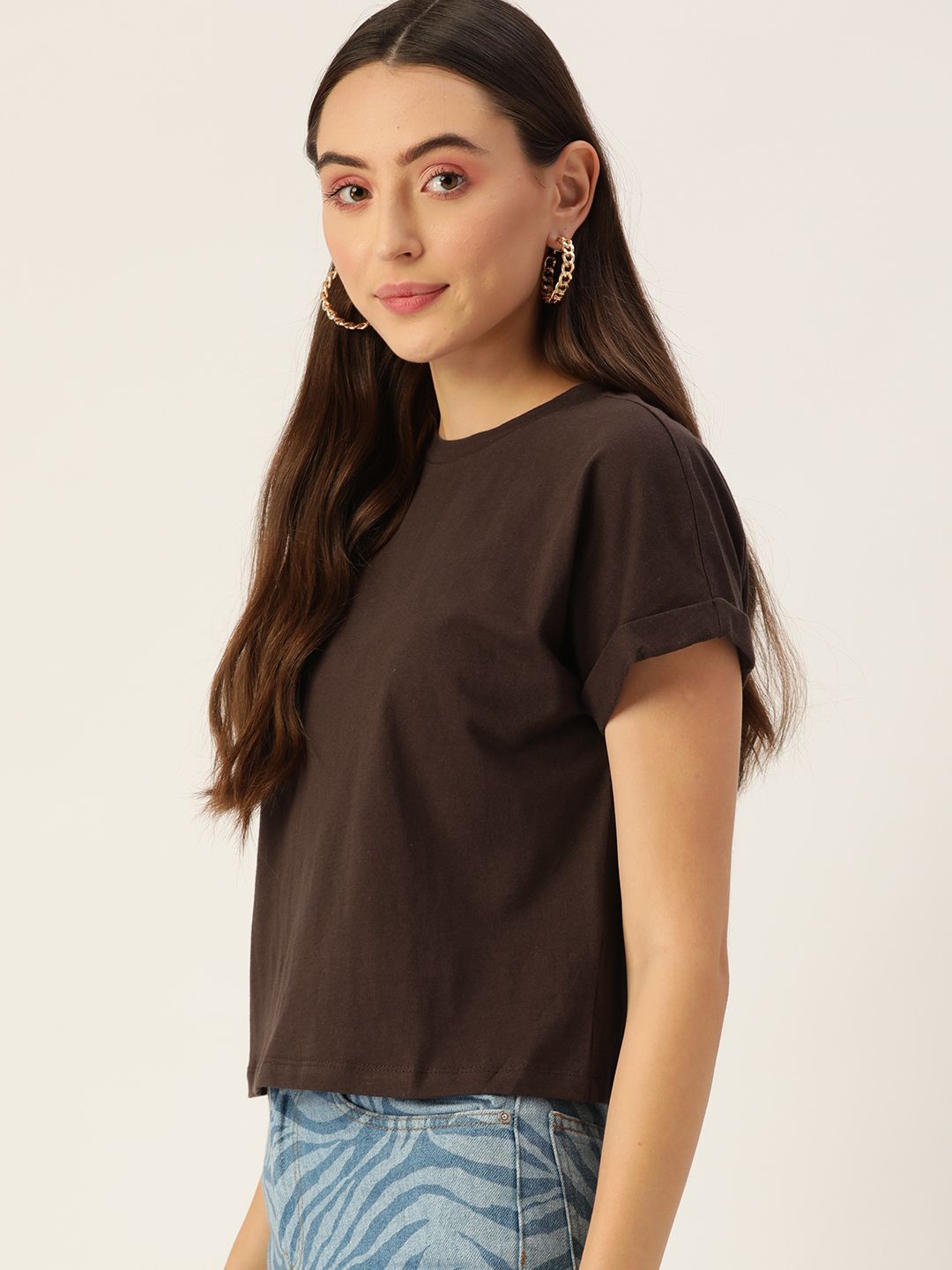 DressBerry Women Brown Extended Sleeves Pure Cotton T-shirt