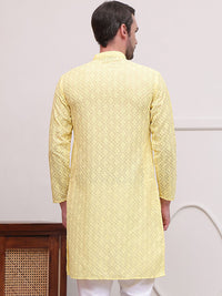 Jompers Floral Embroidered Mandarin Collar Chikankari Pure Cotton Straight Kurta