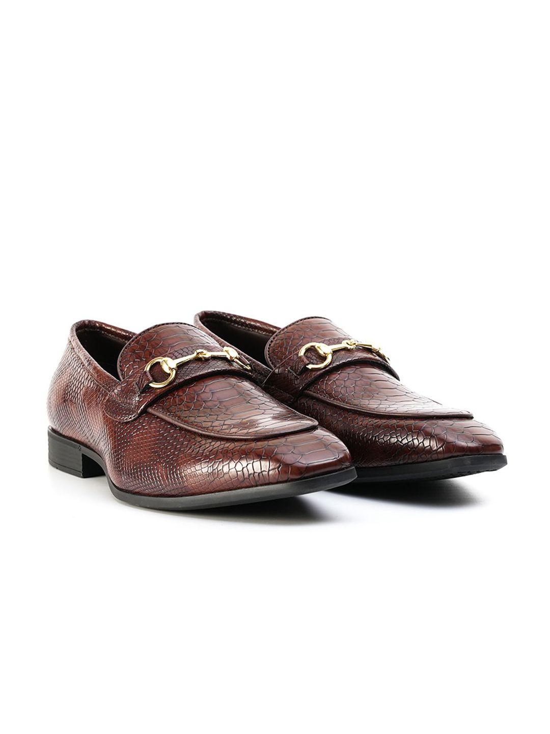 MONKSTORY Men Brown Horsebit Snake-Effect Textured Loafers
