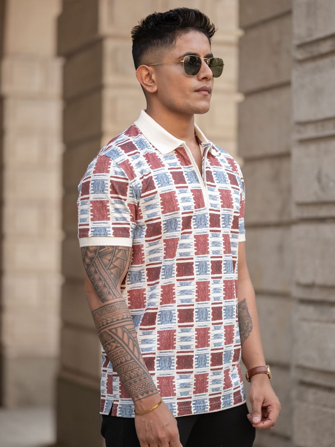 Powerlook Men Checked Polo Collar T-shirt