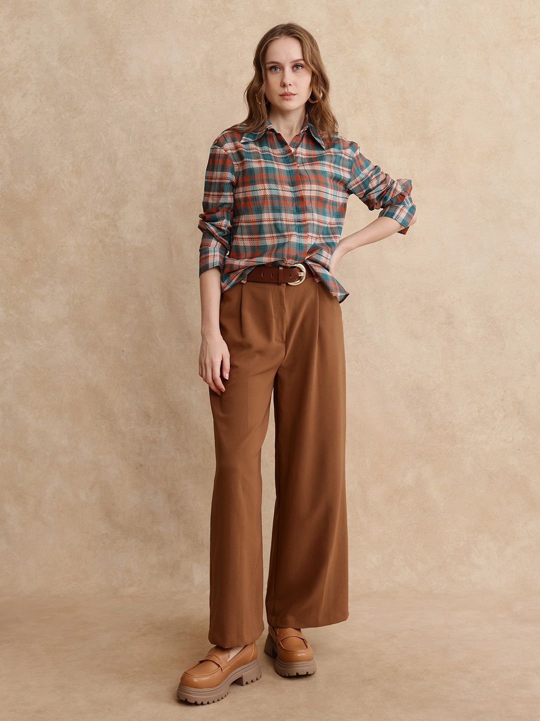 RAREISM Women Comfort Spread Collar Checked Casual Shirt