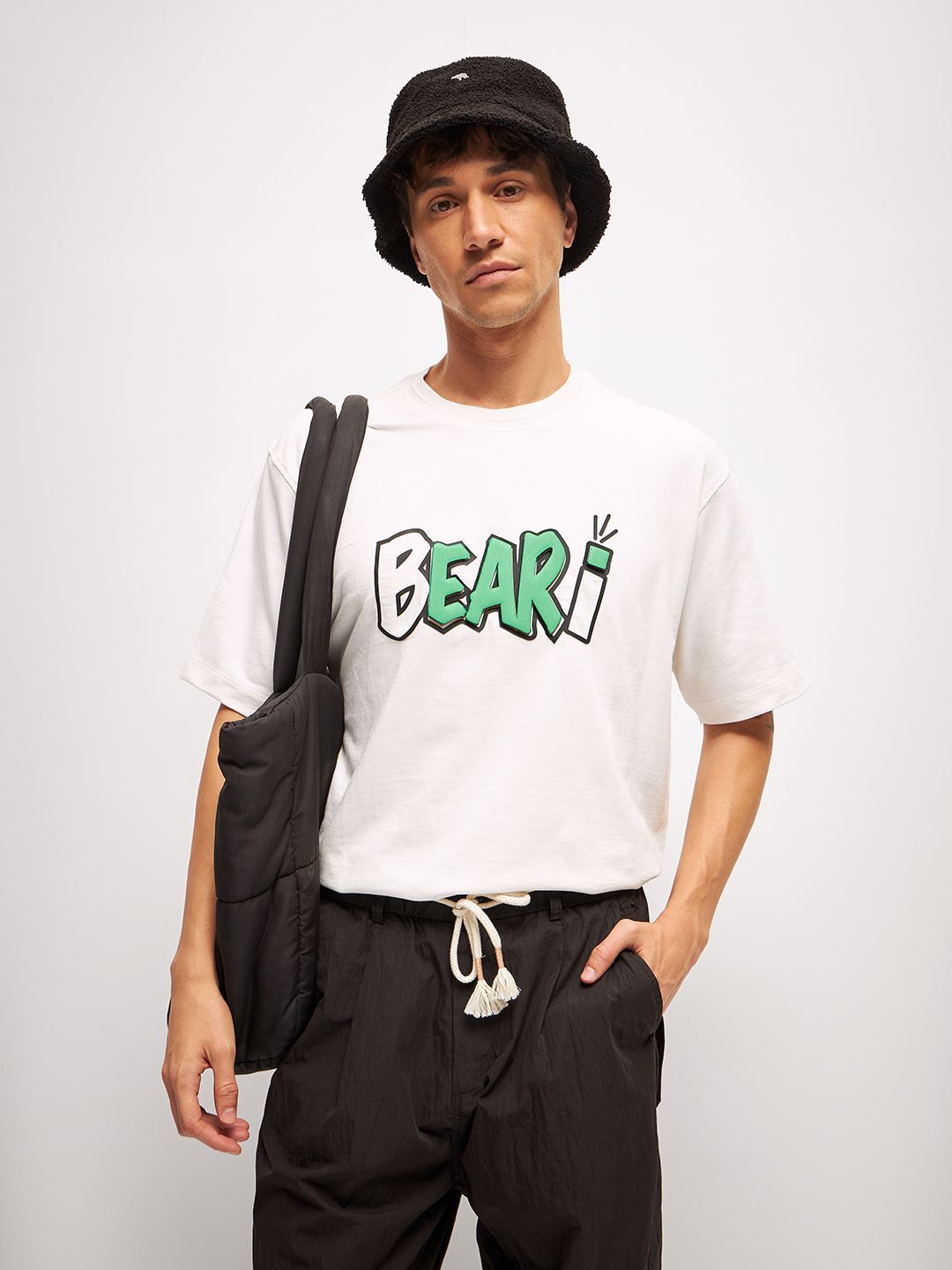 THE BEAR HOUSE Men Typography Printed Round Neck Pure Cotton Oversized T-Shirt