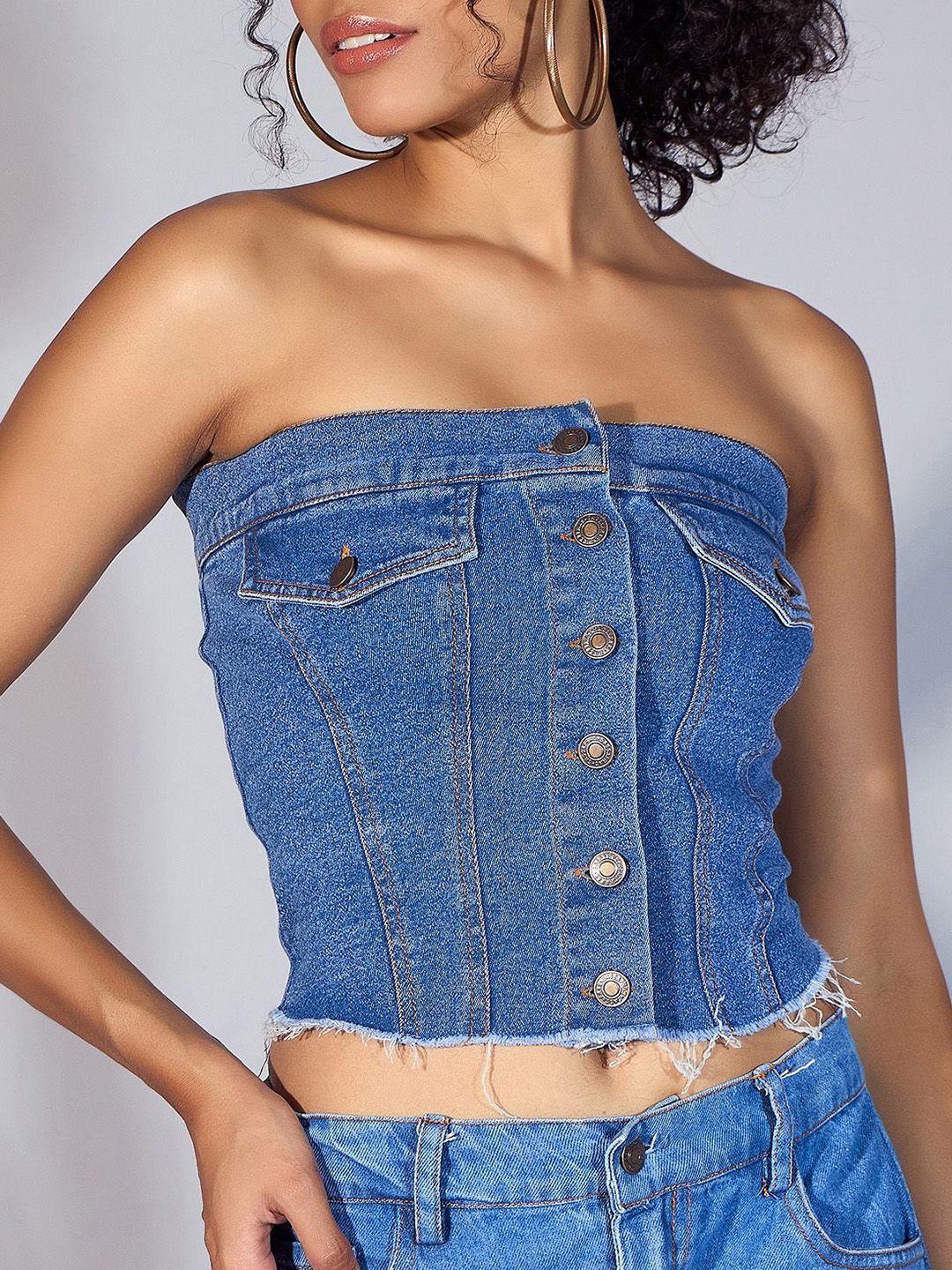 SASSAFRAS Print Off-Shoulder Cotton Denim Tube Top