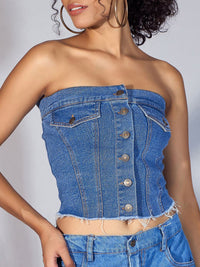 SASSAFRAS Print Off-Shoulder Cotton Denim Tube Top