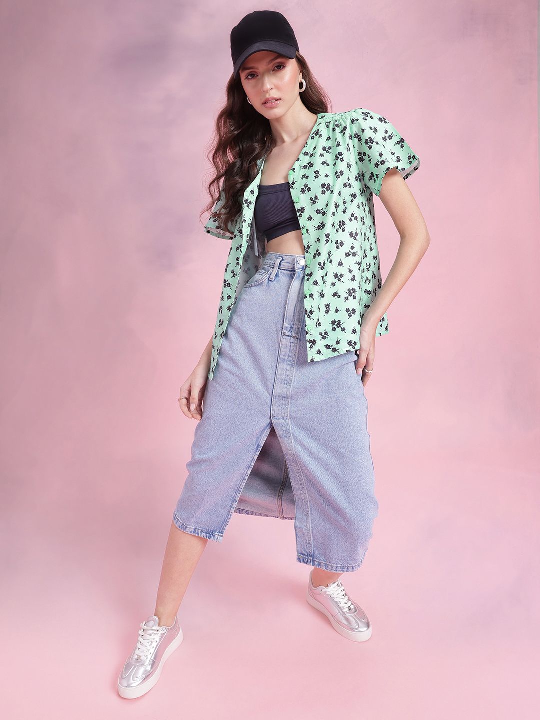 DressBerry Floral Print Crochet Detail Flared Sleeves Shirt Style Top