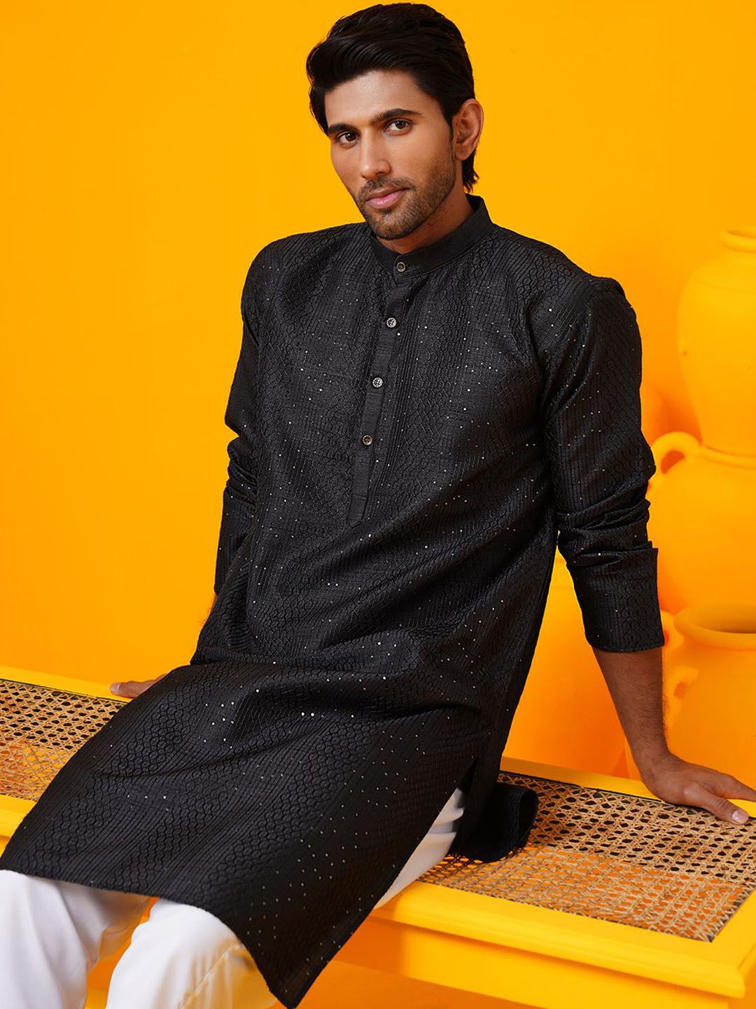 SOJANYA Geometric Embroidered Band Collar Thread Work Straight Kurtas