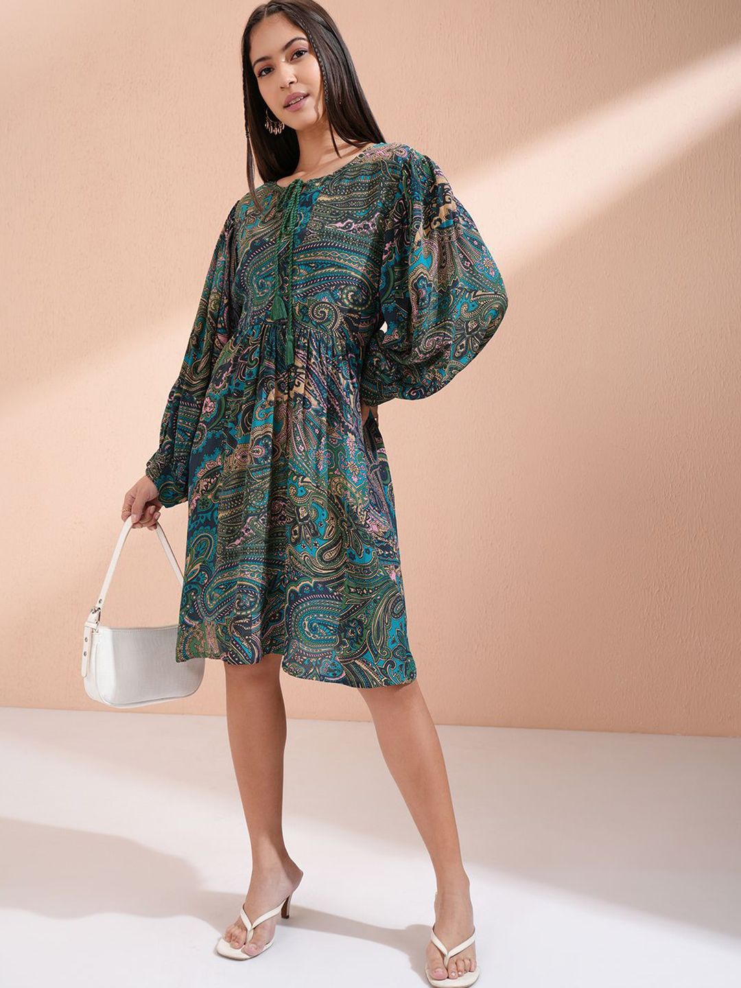 Vishudh Ethnic Motifs Printed Tie-Ups Detail Fit & Flare Dress