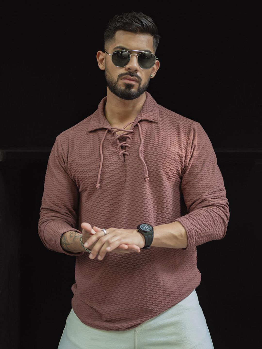 Powerlook Men Self Design Polo Collar T-shirt