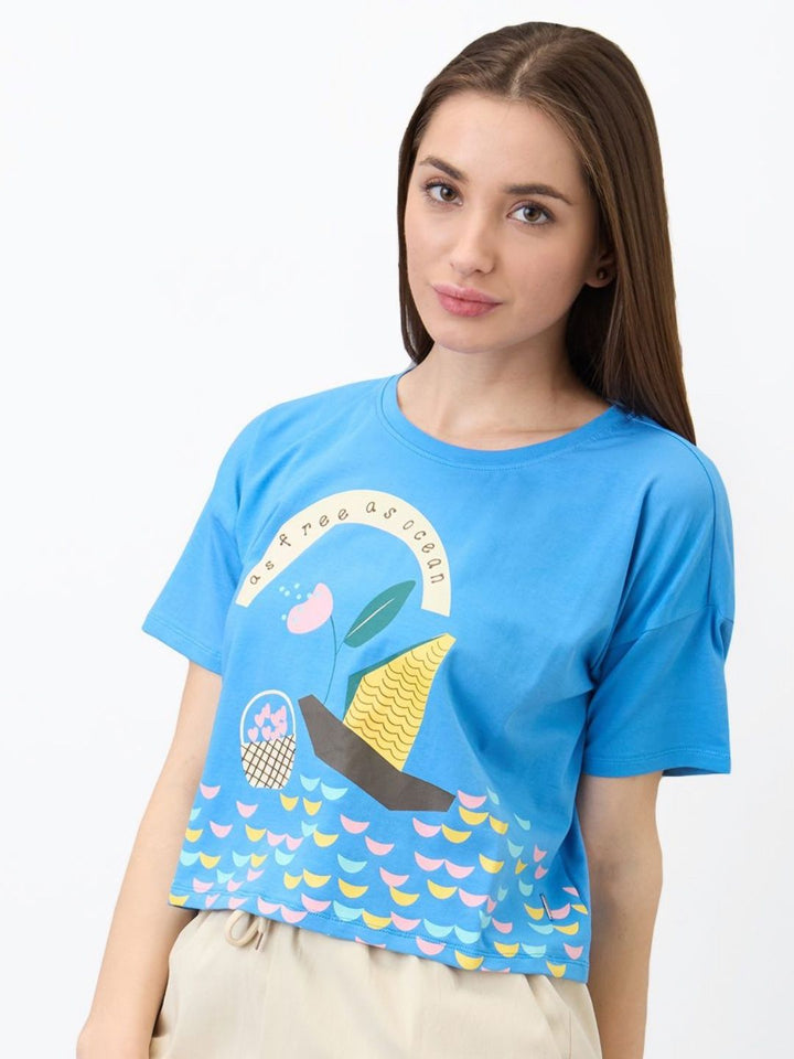 SPYKAR Women Graphic Printed Round Neck Cotton Boxy T-shirt