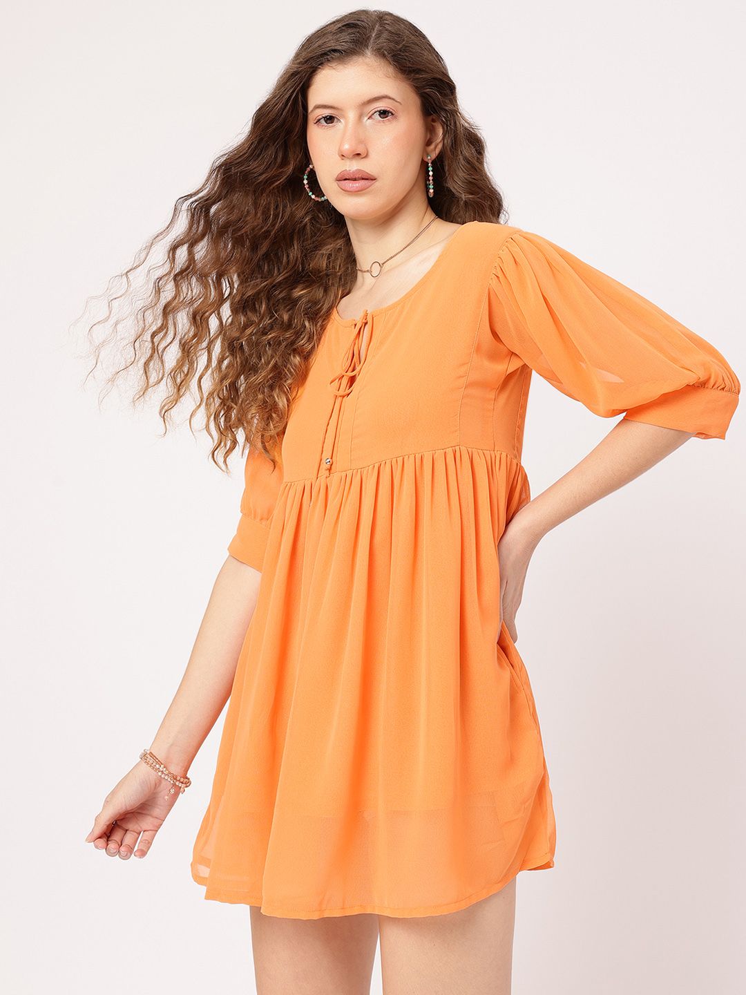 DressBerry Chic & Cheery Tie-Up Neck Puff Sleeves A-Line Mini Dress