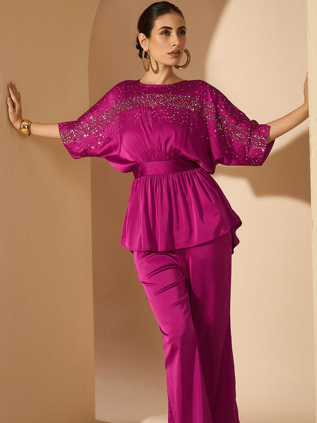 Antheaa Satin Embellished Boat Neck Top With Trousers