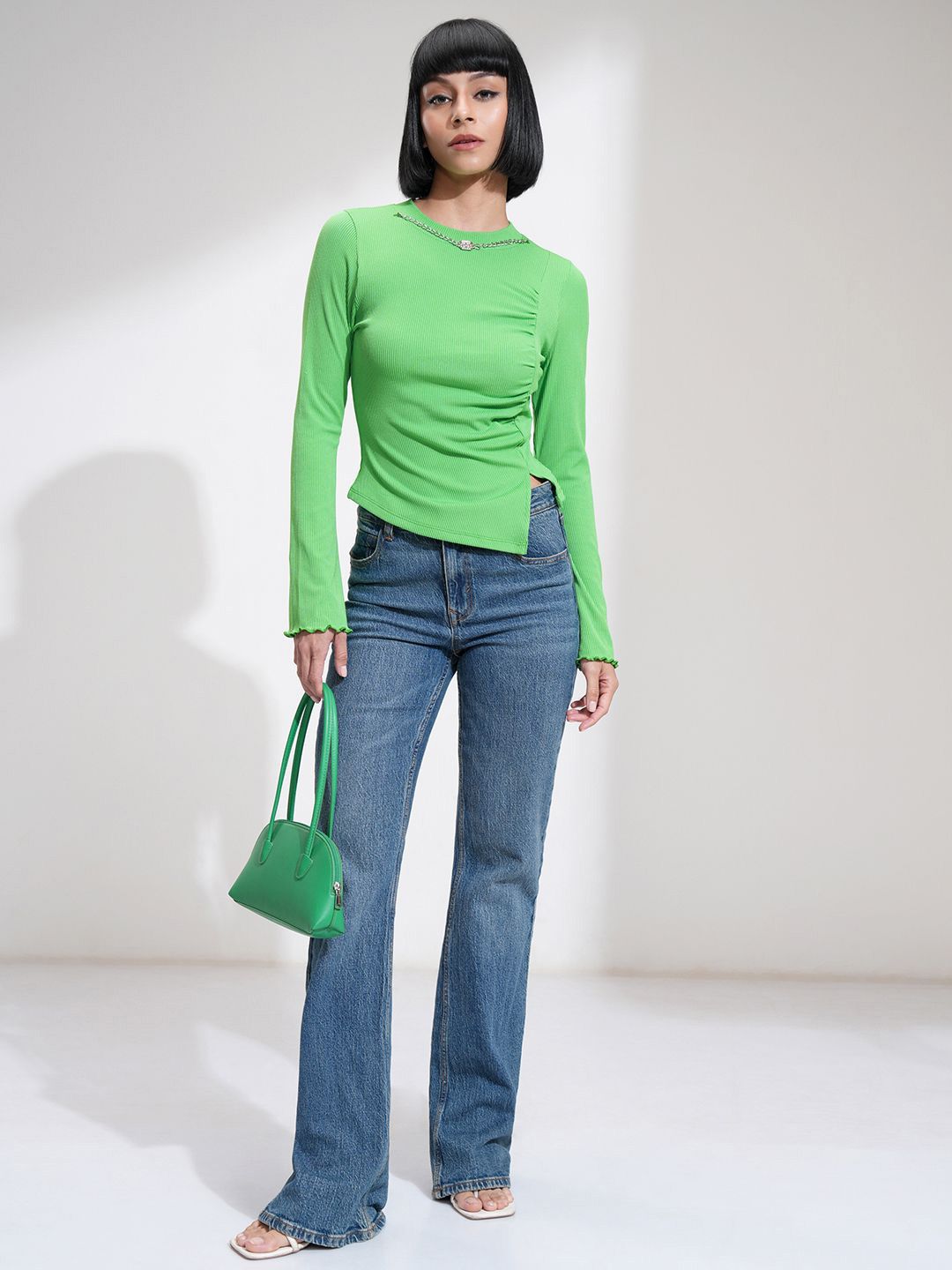 Tokyo Talkies Women Ribbed Mock Neck Fitted Top