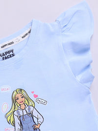 Happy Faces Kids Girls Barbie Printed Flutter Sleeve Pure Cotton Top