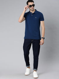 THE BEAR HOUSE Men Blue Solid Polo Collar Pure Cotton T-shirt