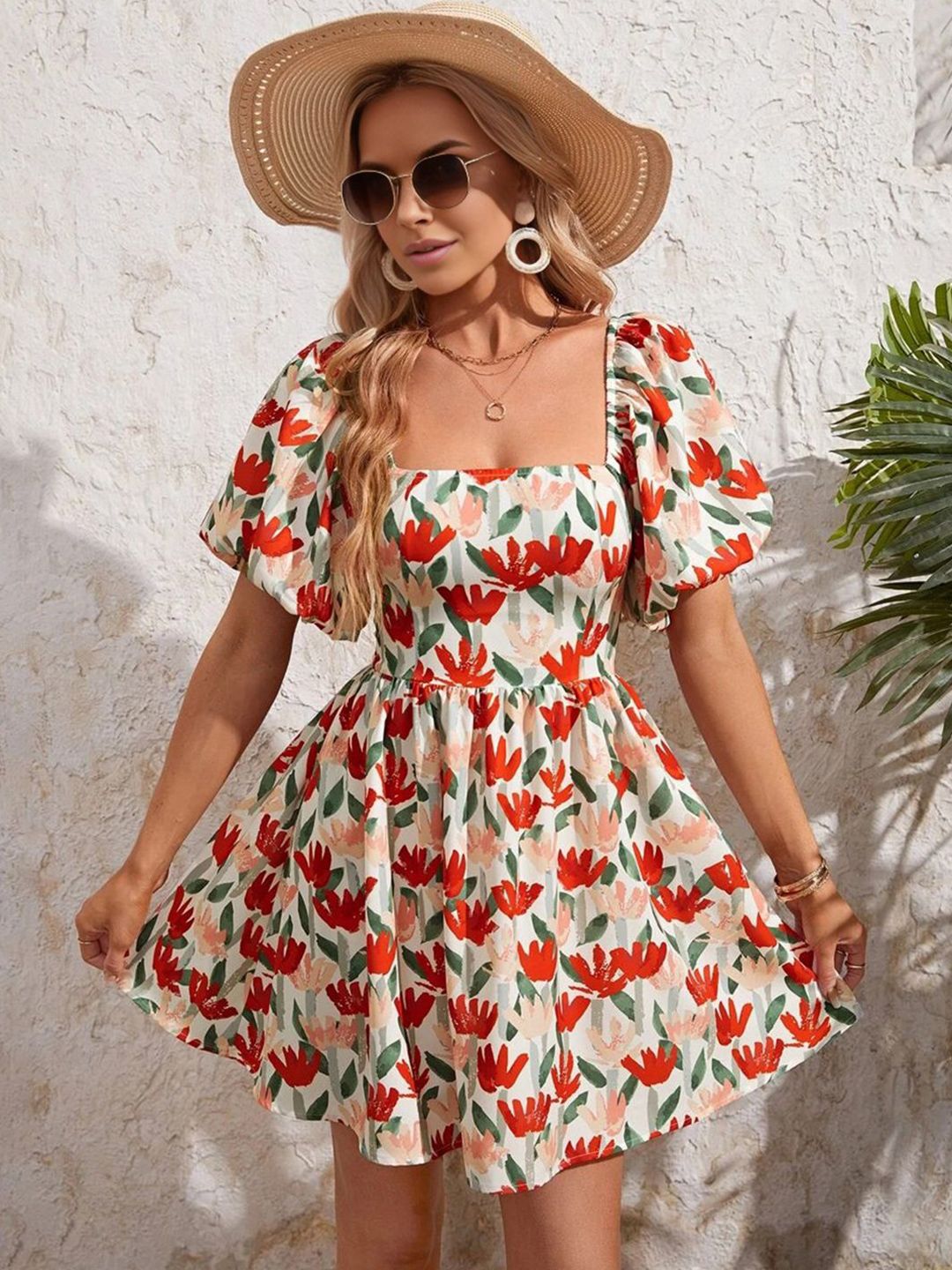 Berrylush Floral Print Puff Sleeve Square Neck Fit & Flare Mini Dress