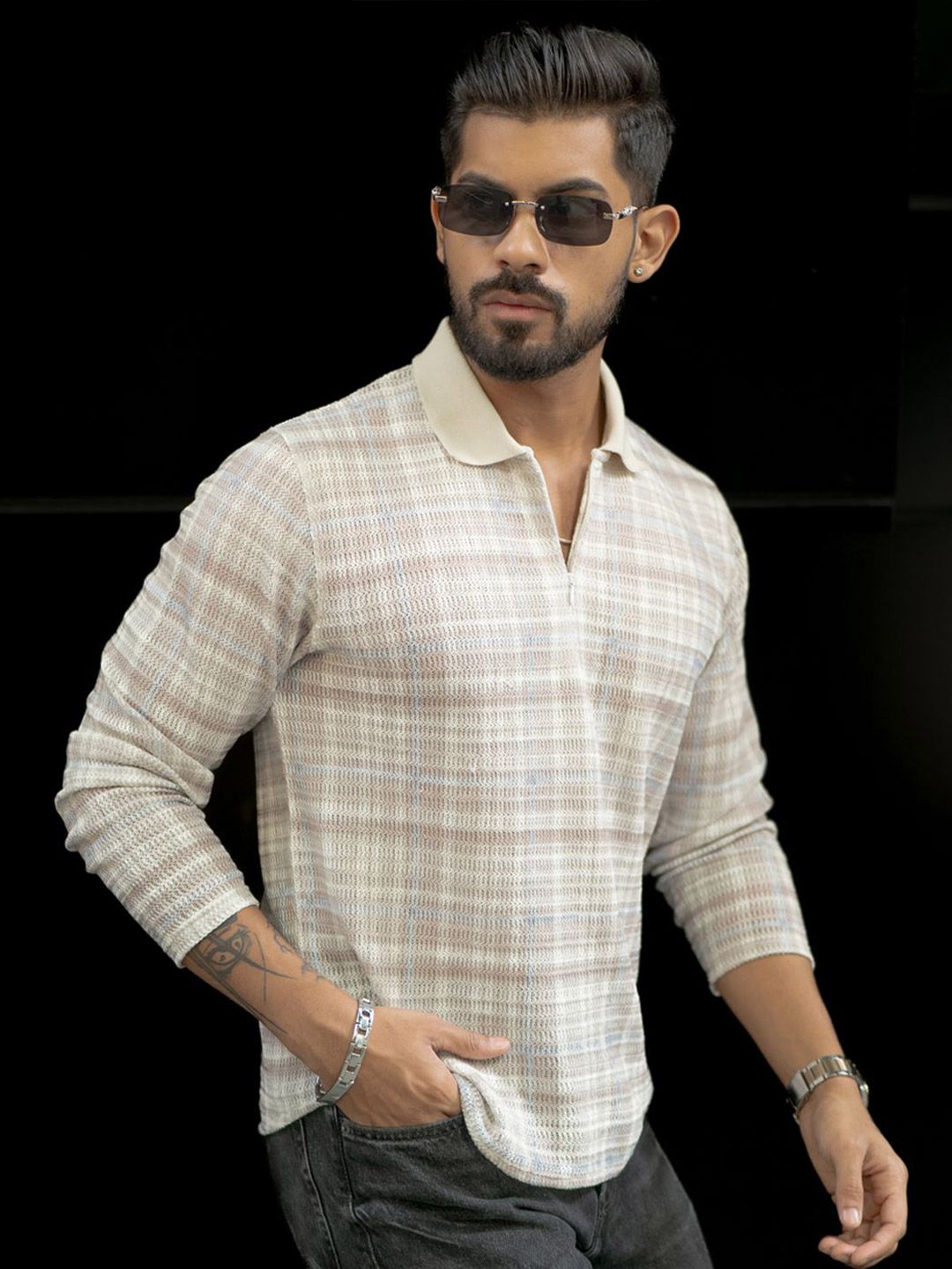 Powerlook Men Checked Polo Collar T-shirt