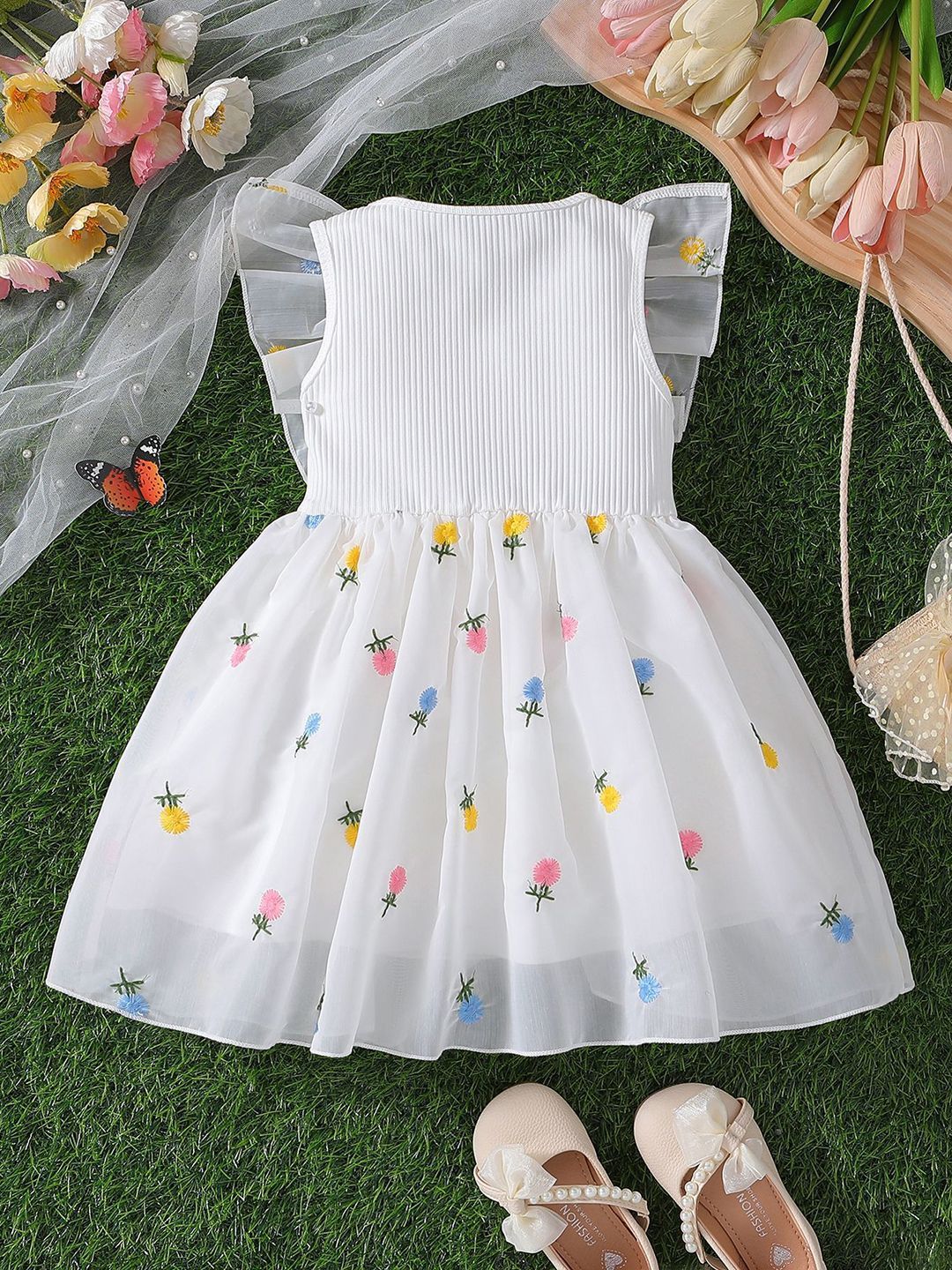 YK Girl Floral Print Flutter Sleeve Fit & Flare Dress