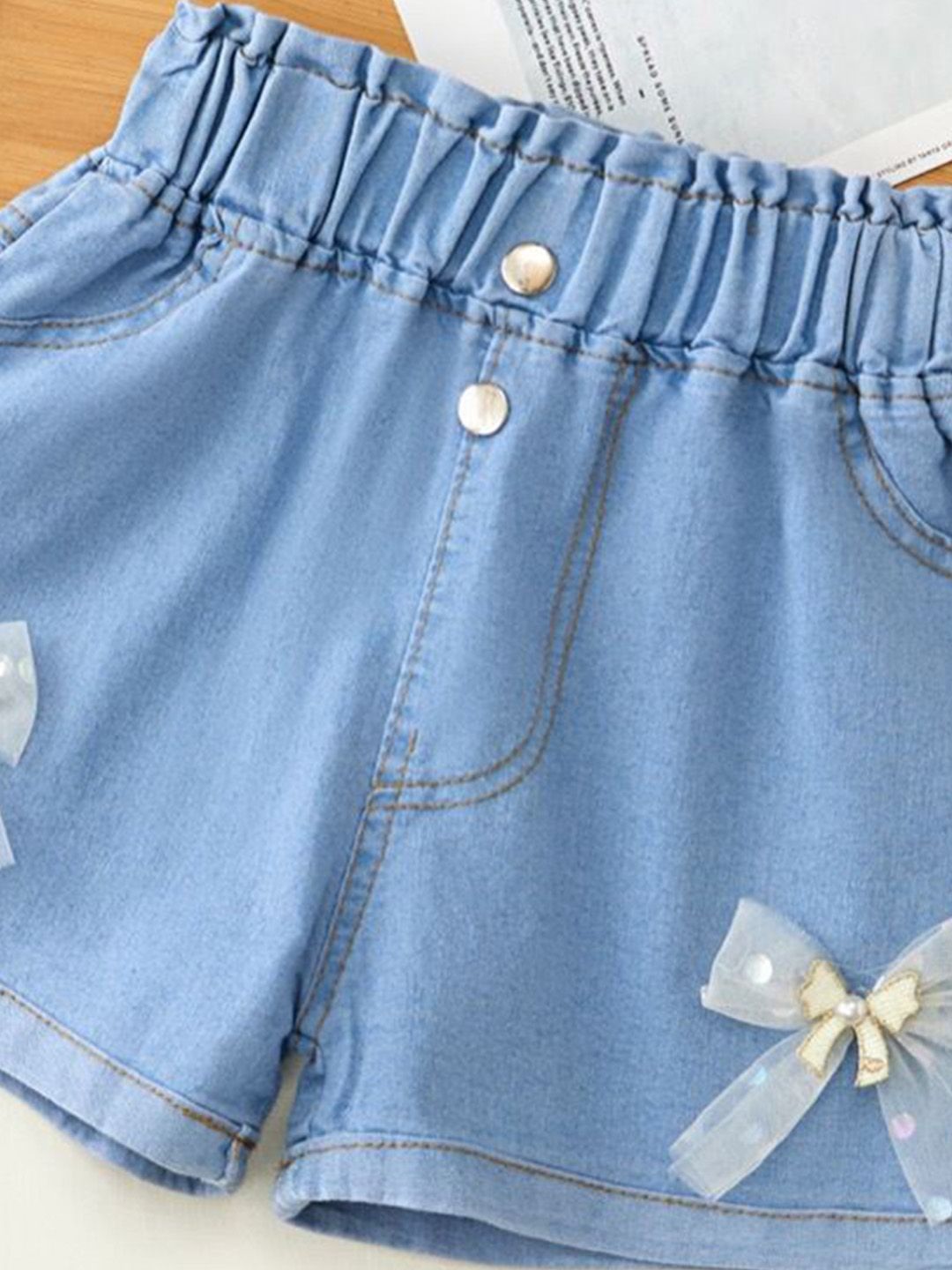 YK Girls Embellished Washed Denim Shorts