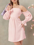 DressBerry Fairy Core Cold-Shoulder Sleeves Cut-Out Smocked Mini Dress