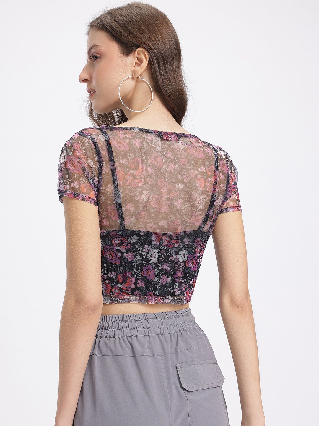 DressBerry Print Semi-Sheer Crop Top with Lining