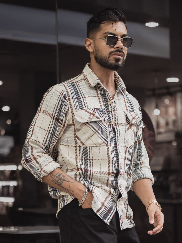 Powerlook Men Spread Collar Tartan Checked Cotton Casual Shirt