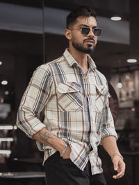 Powerlook Men Spread Collar Tartan Checked Cotton Casual Shirt