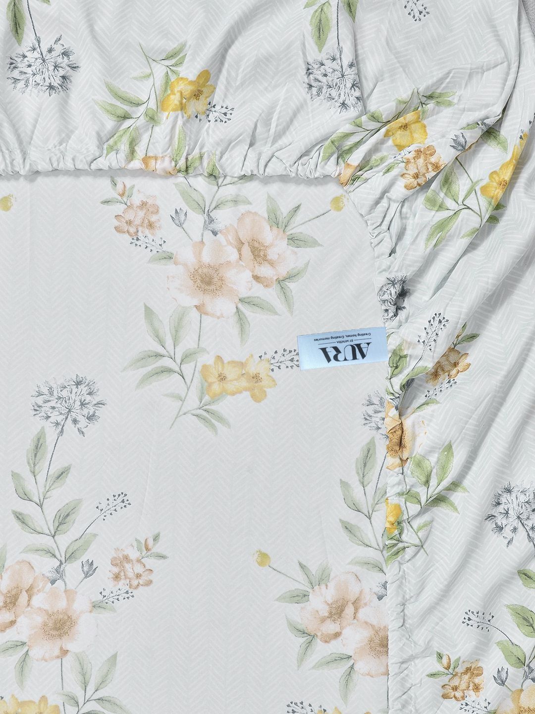 Aura Blue & Brown Floral 300 TC Fitted Double King Bedsheet Set-2.5 m X 2.25 m