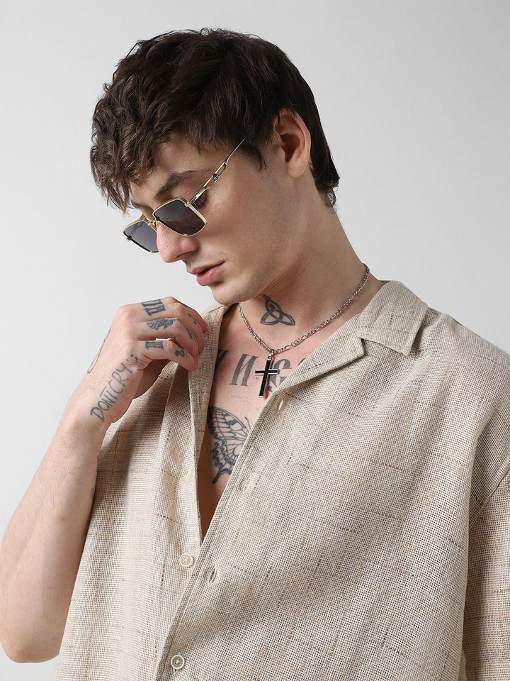 VASTRADO Men Classic Cuban Collar Solid Cotton Oversized Casual Shirt