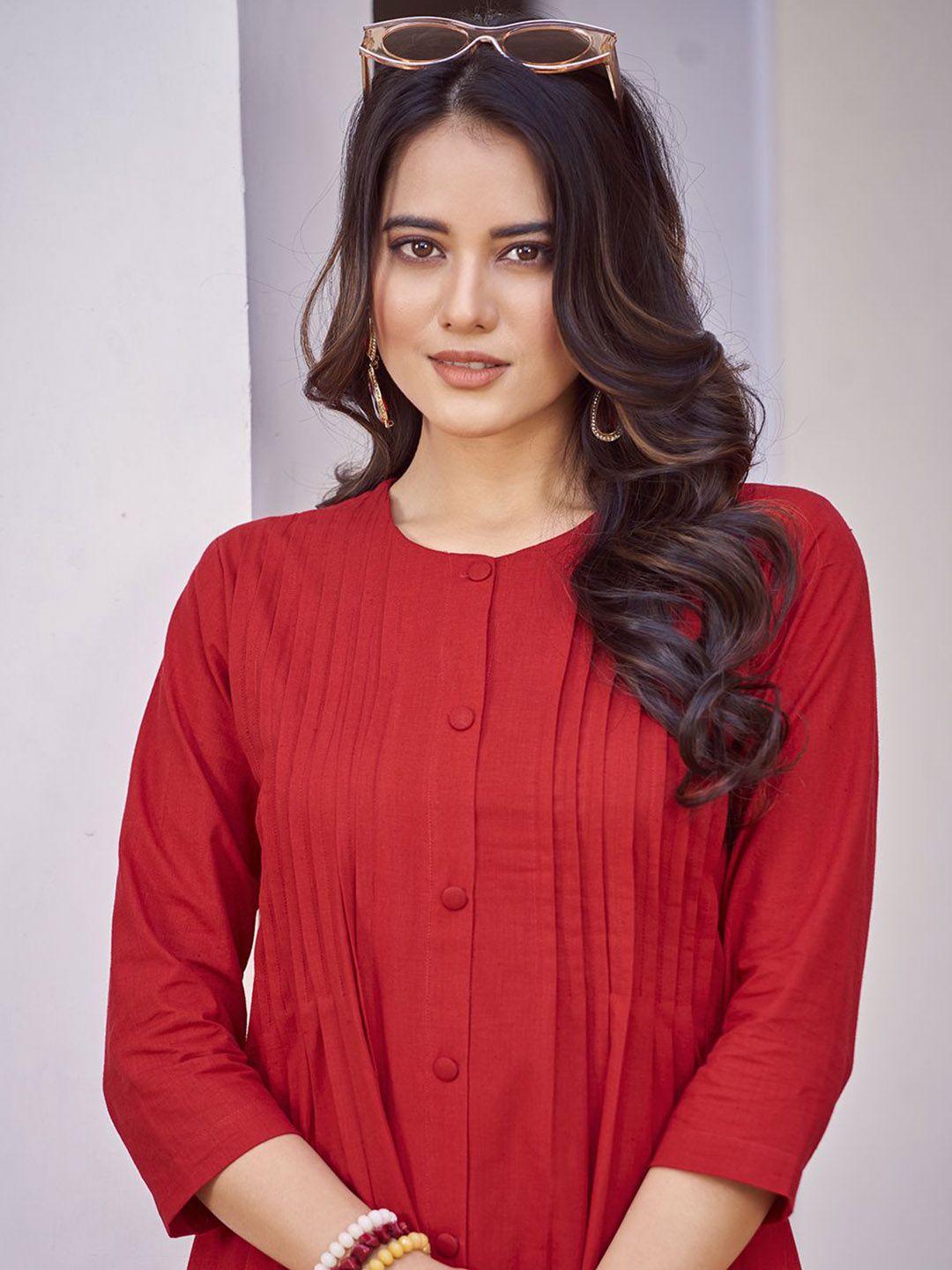 KALINI Pure Cotton Pleated A-Line Kurta with Trousers