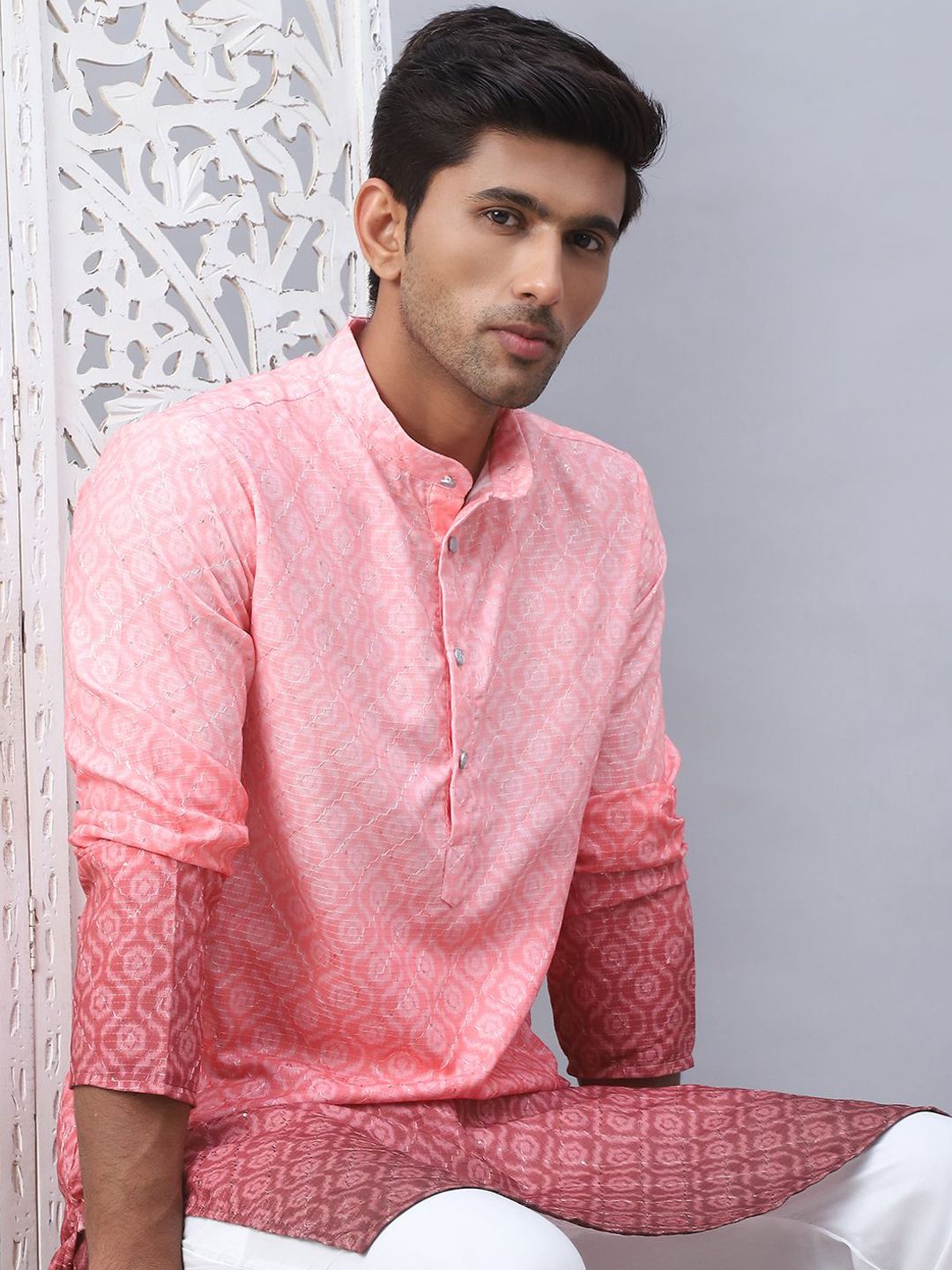 Jompers Ombre Printed Mandarin Collar Thread Work Straight Kurta With Pyjamas