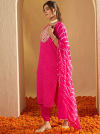 Indo Era Leheriya Printed Sequinned Straight Georgette Kurta with Trousers & Dupatta