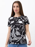 SPYKAR Women Regular Fit Abstract Printed Round Neck Cotton T-shirt