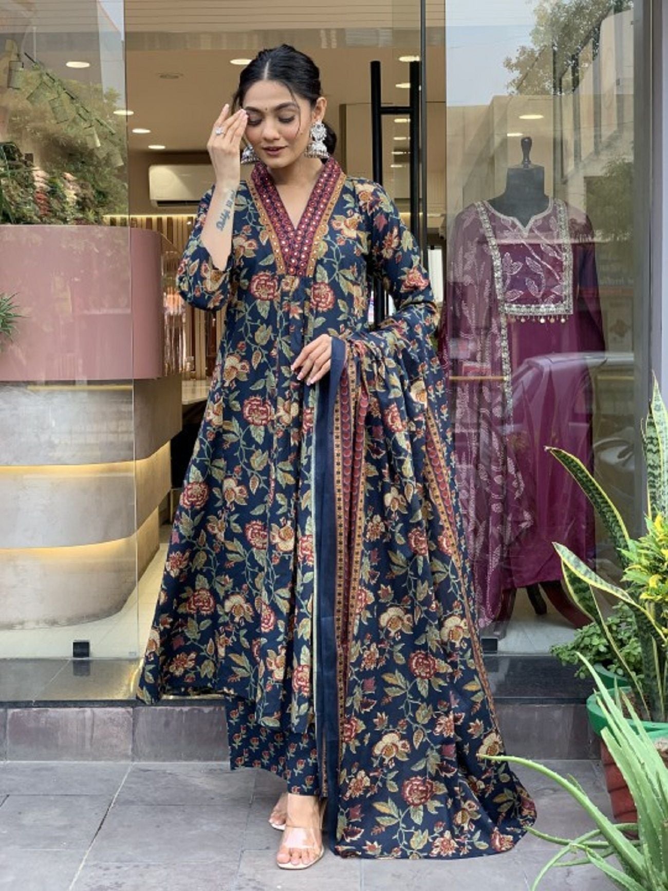 KALINI Floral Printed V-Neck Pleated A-Line Kurta With Trouser And Dupatta