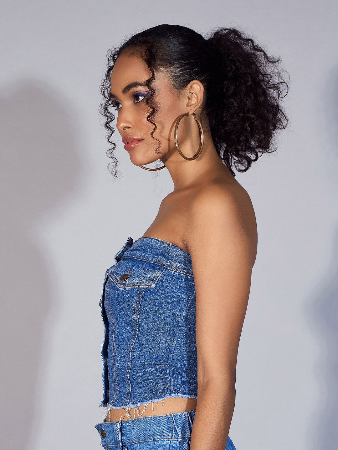 SASSAFRAS Print Off-Shoulder Cotton Denim Tube Top