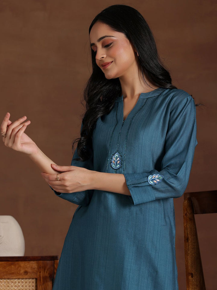 Libas Floral Embroidered Mandarin Collar Roll-Up Sleeves A-Line Tunic & Palazzos