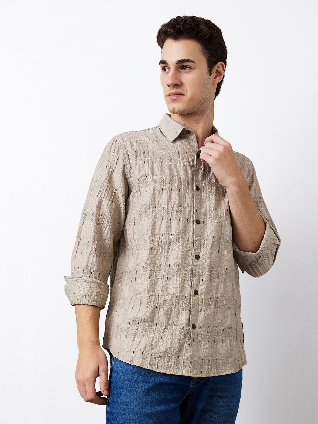 SPYKAR Men Spread Collar Textured Cotton Casual Shirt