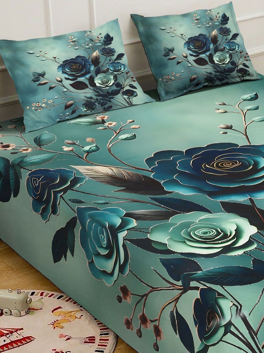 KLOTTHE Green Floral Printed Flat 300 TC Super King Cadar Dengan 2 Sarung Bantal