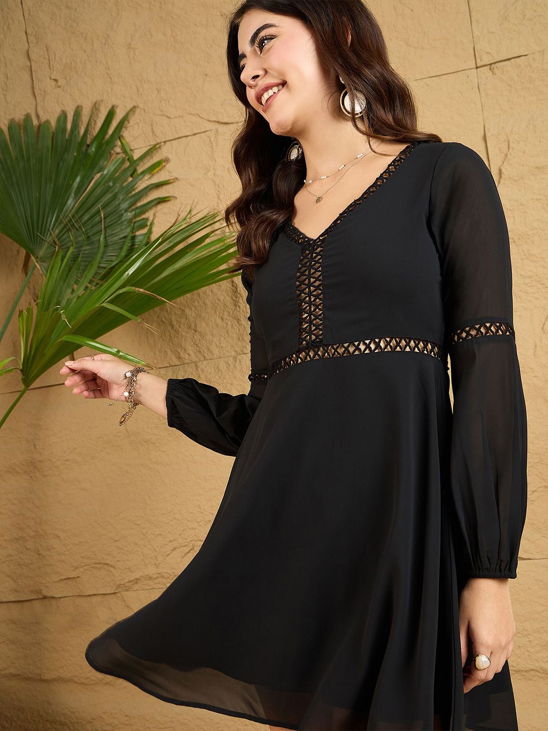 Berrylush Women Bishop Sleeve A-Line Mini Dress