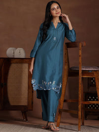 Libas Floral Embroidered Mandarin Collar Roll-Up Sleeves A-Line Tunic & Palazzos