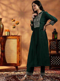 Libas Floral Yoke Design Pleated Sequinned Dobby A-Line Kurta With Palazzo & Dupatta