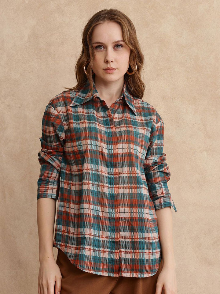 RAREISM Women Comfort Spread Collar Checked Casual Shirt