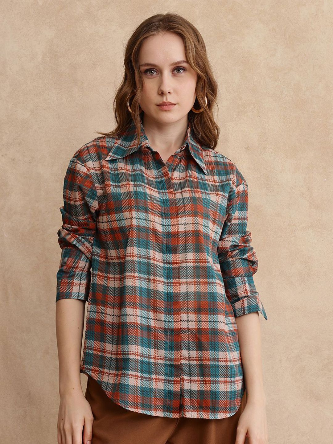 RAREISM Women Comfort Spread Collar Checked Casual Shirt