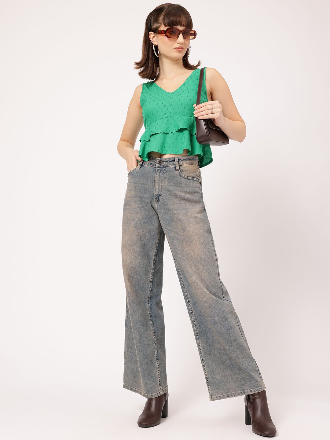 DressBerry Fusion Flair Dobby Detail V-Neck Ruffles Sleeveless Top