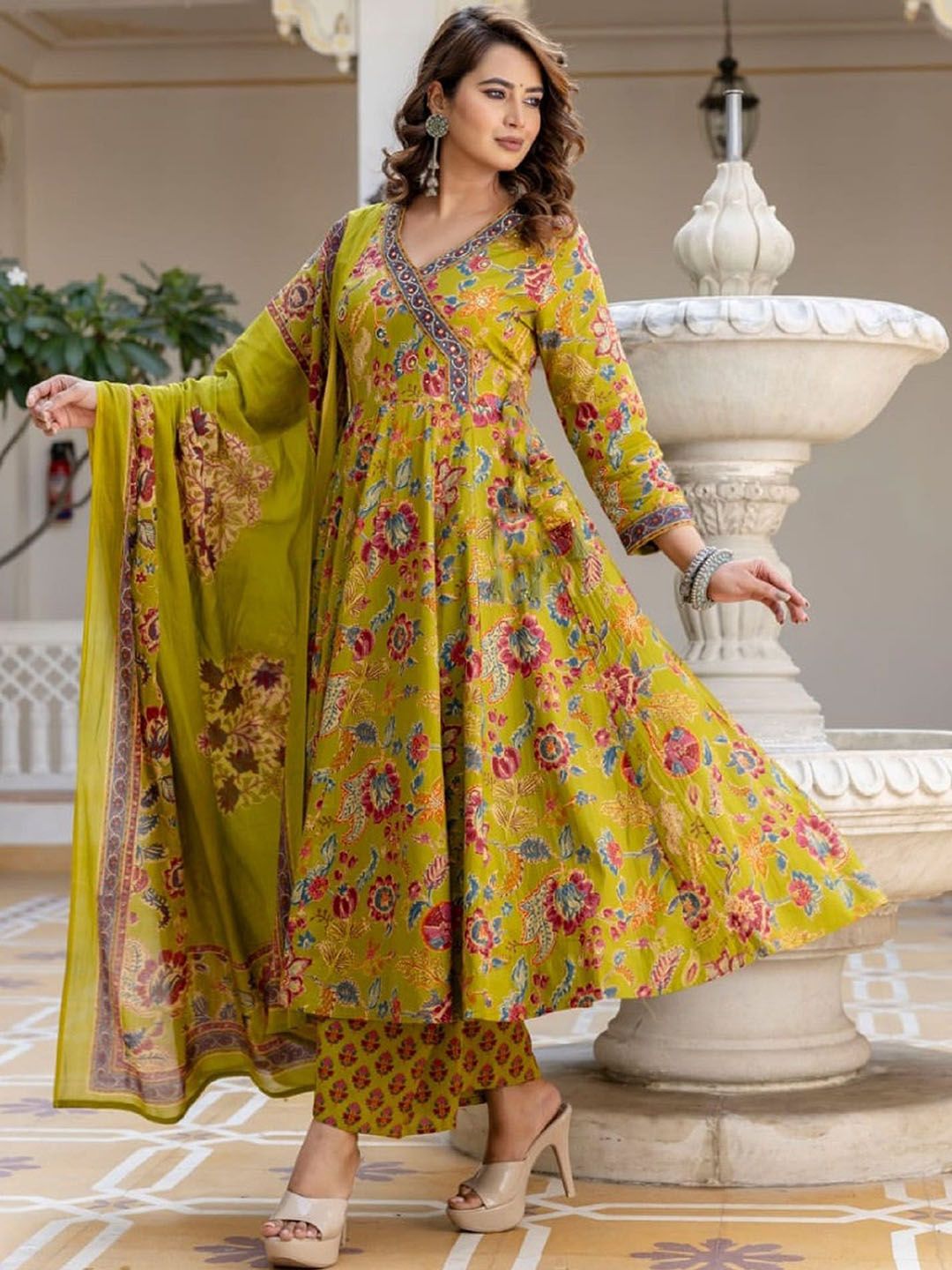 KALINI Women Floral Printed Angrakha Thread Work Kurta with Trousers & With Dupatta