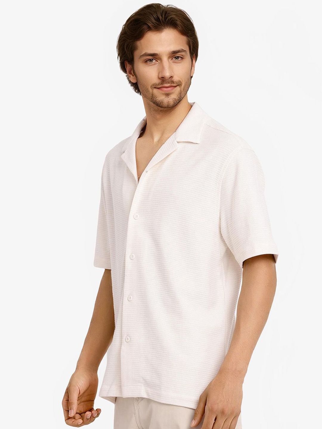 RARE RABBIT Men Comfort Cuban Collar Solid Cotton Boxy Casual Shirt